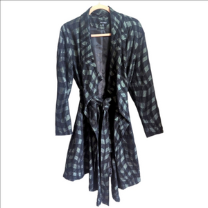 VINTAGE Black Green Artsy Design Shiny Waterfront Cotton Long Lined Coat Medium